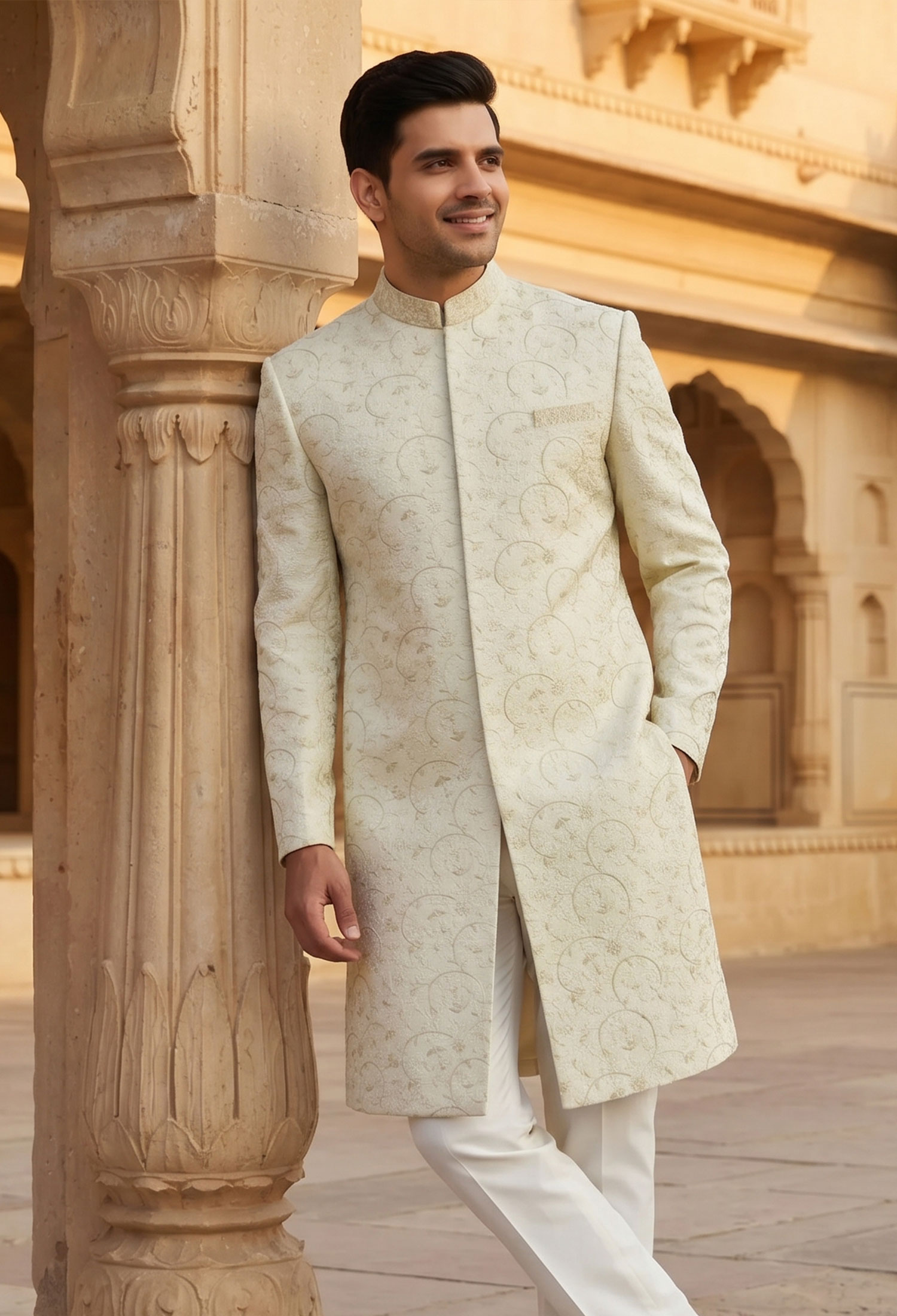 Off White Hand Embroidery Sherwani 1 Designer Off White Hand Embroidery Sherwani for Groom Off White Embroidery Sherwani