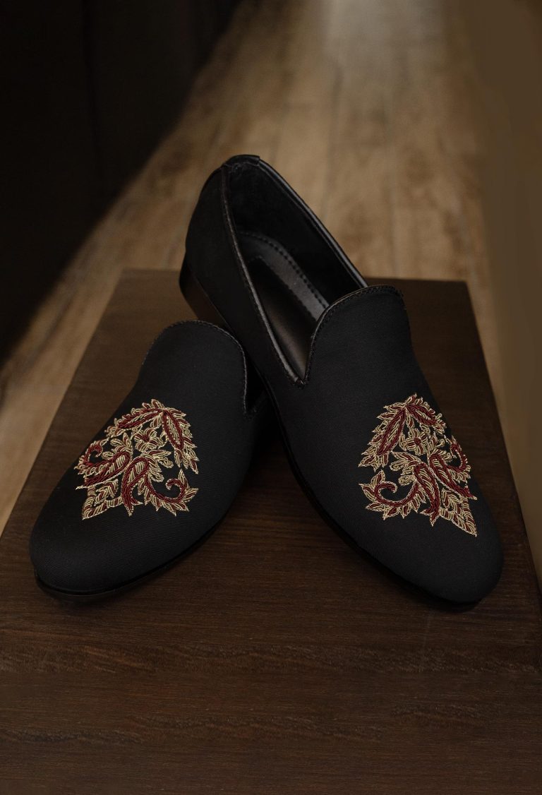 Black Loafer with Golden and Red Embroidery