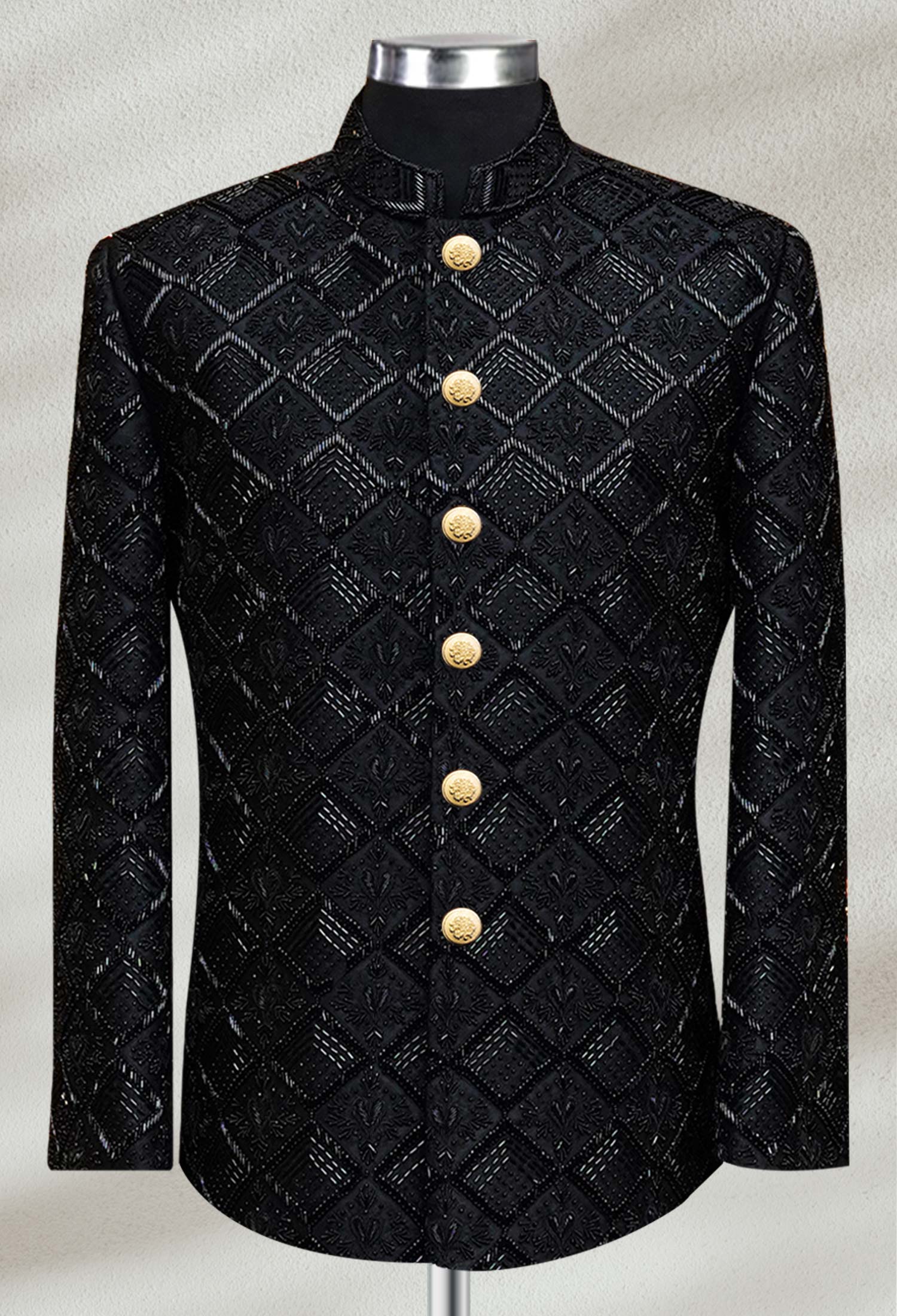 01-Sk-Web Black Diamond Pattern Embroidered Prince Coat Black Diamond Pattern Embroidered Prince Coat
