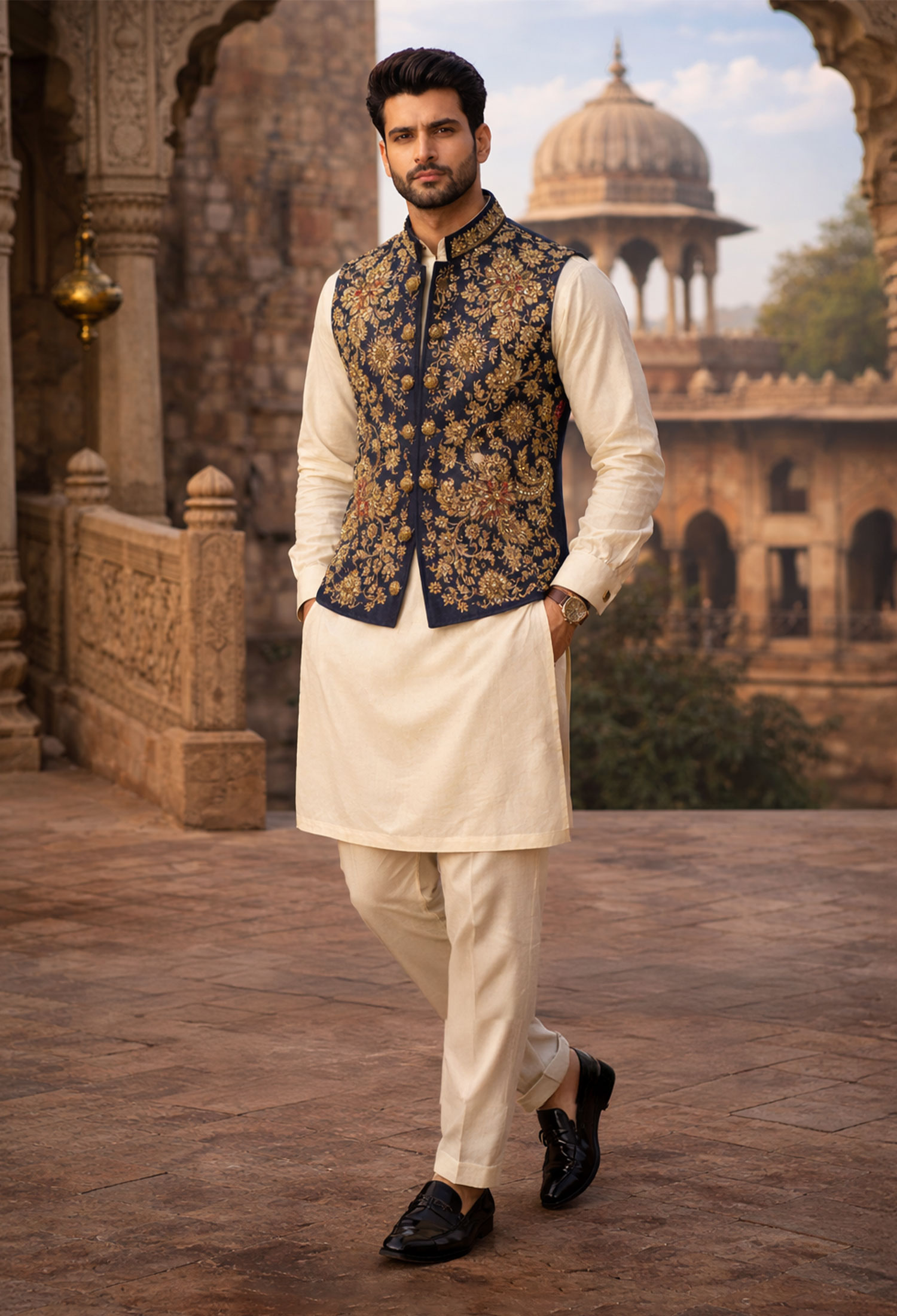 01-Sk-Web Midnight Blue Embroidered Waistcoat Midnight Blue Embroidered Waistcoat