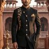 Black Embroidered Angled Cut Prince Coat
