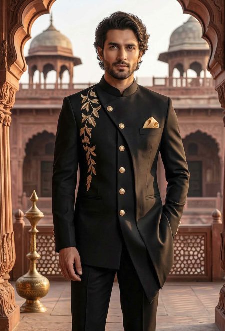 Black Embroidered Angled Cut Prince Coat