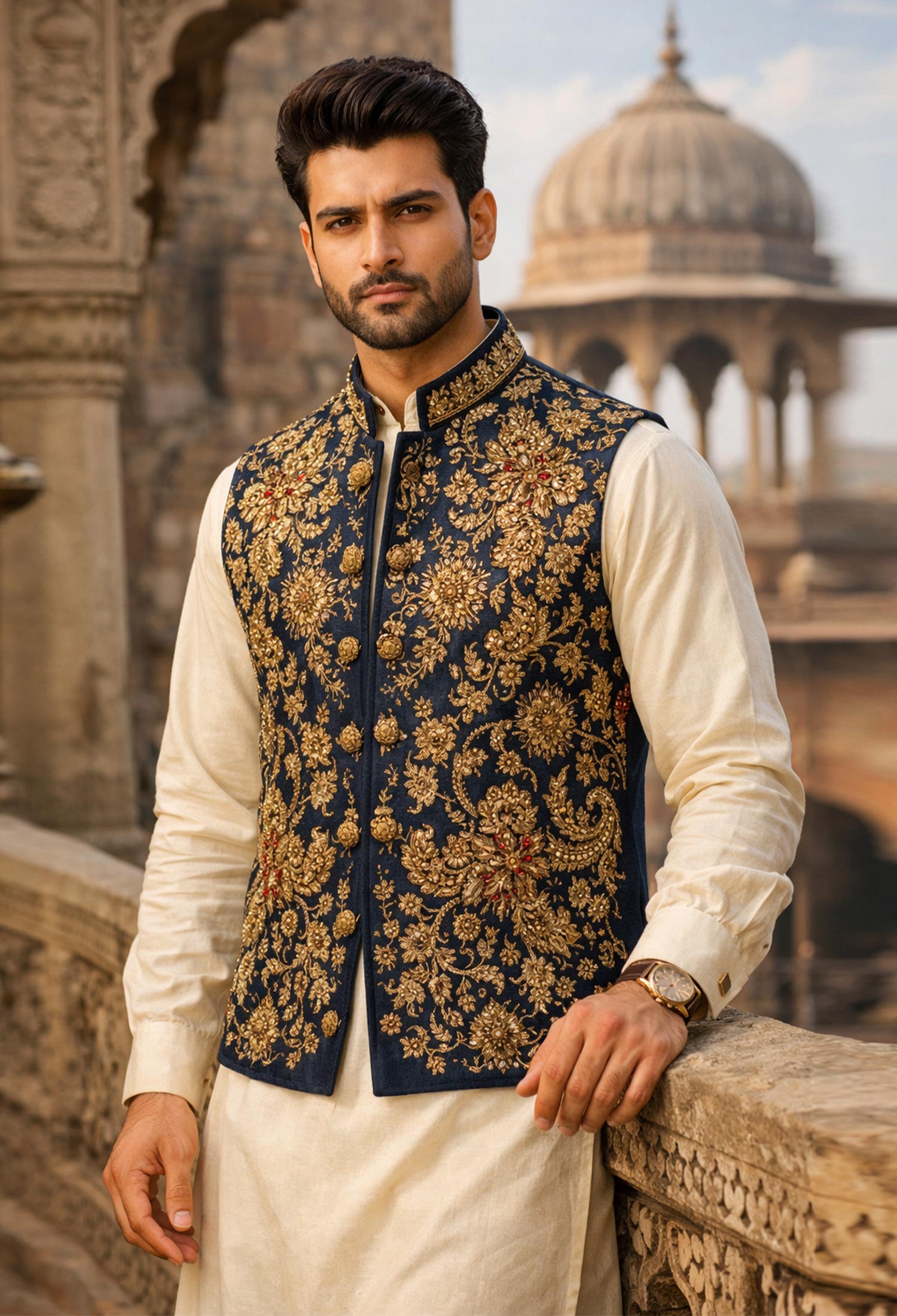 02-Sk-Web Midnight Blue Embroidered Waistcoat Midnight Blue Embroidered Waistcoat