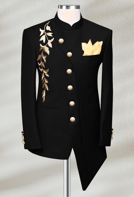 Black Embroidered Angled Cut Prince Coat