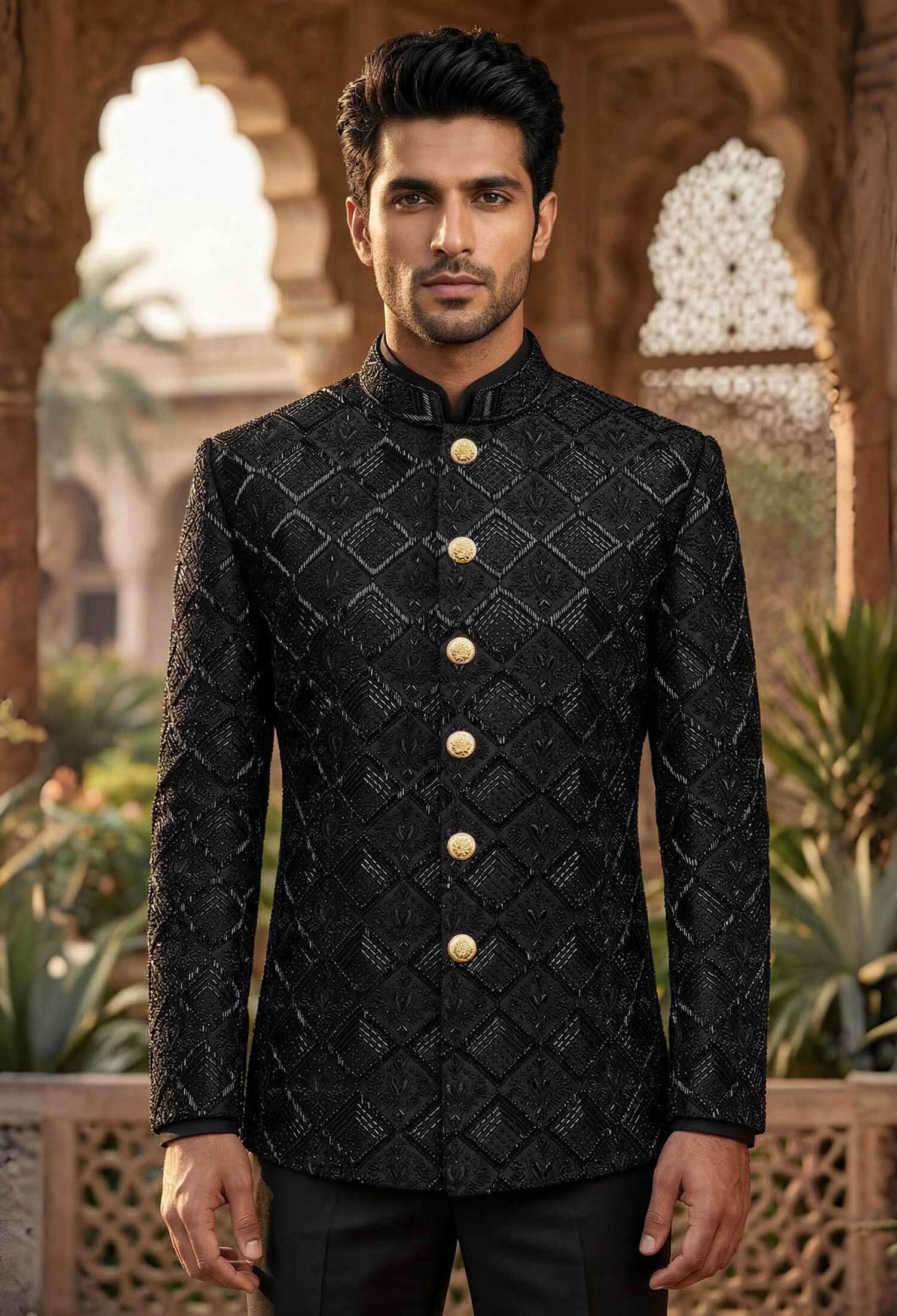 Black Diamond Pattern Embroidered Prince Coat Black Diamond Pattern Embroidered Prince Coat