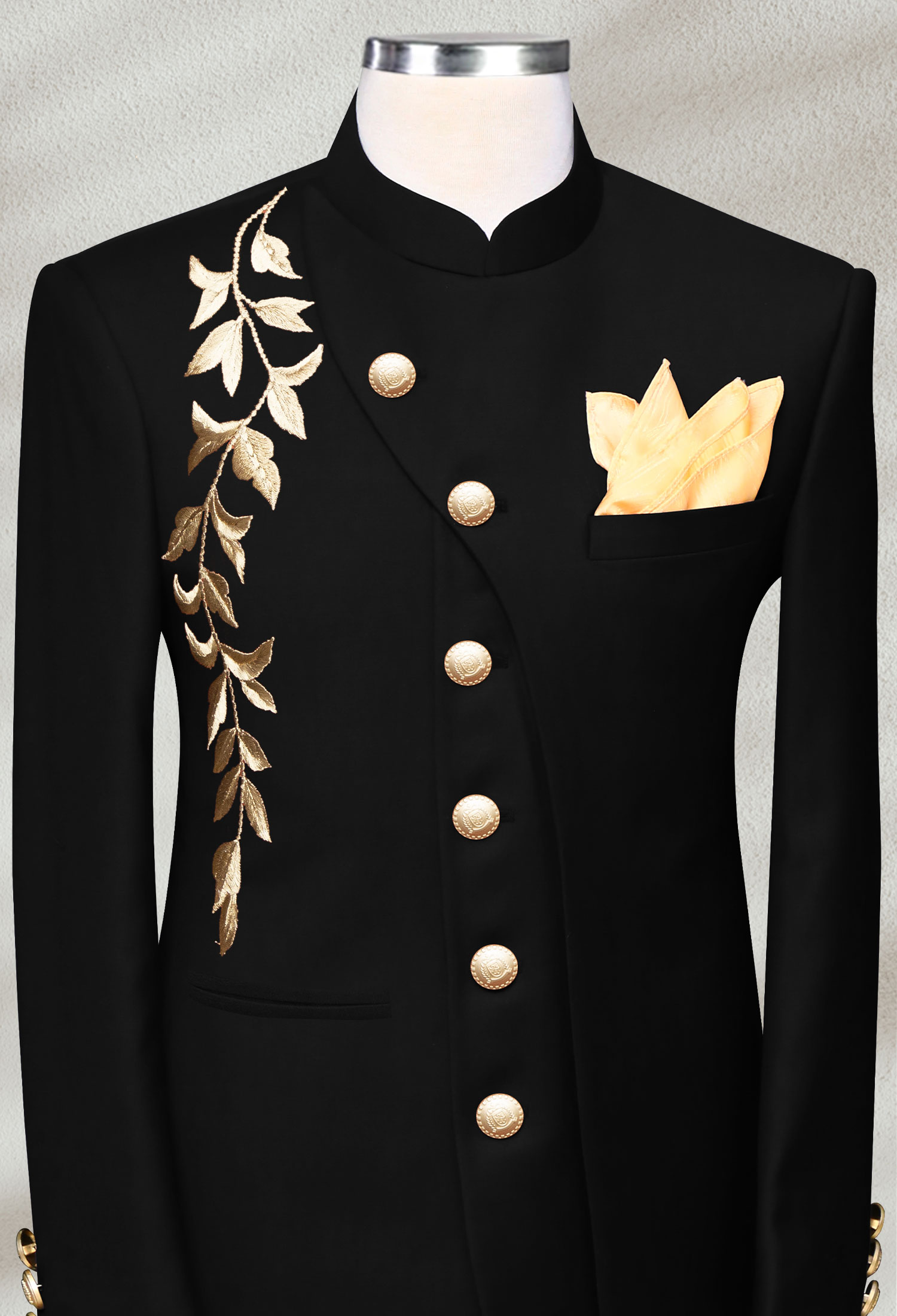 05-Sk-Web Black Embroidered Angled Cut Prince Coat Black Embroidered Angled Cut Prince Coat