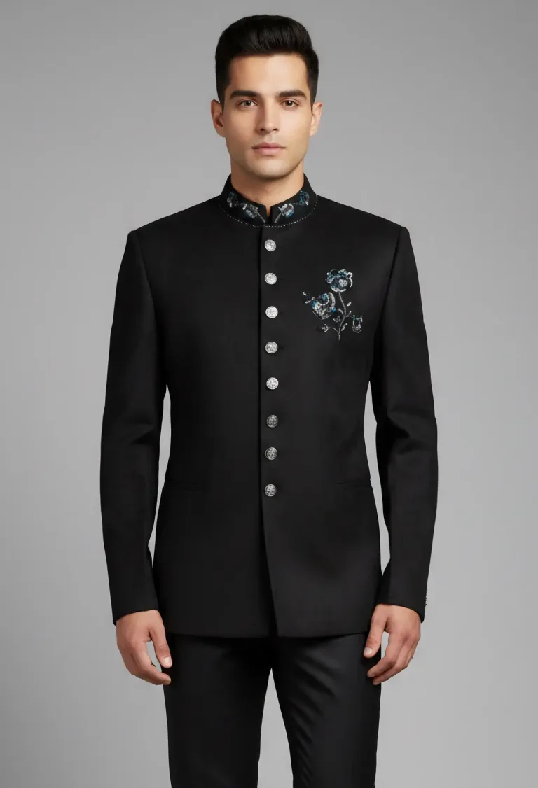 Black Embroidered Prince Coat for Men