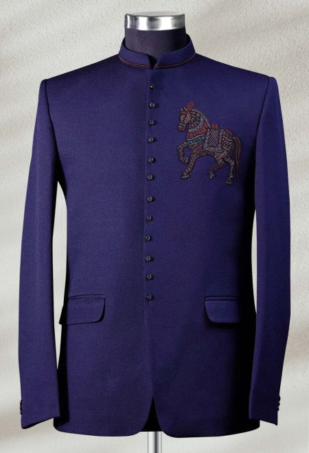 Blue Embroidered Prince Coat for Men