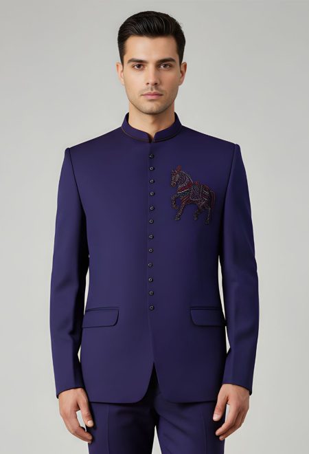 Blue Embroidered Prince Coat for Men