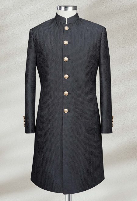 Black Plain Textured Sherwani