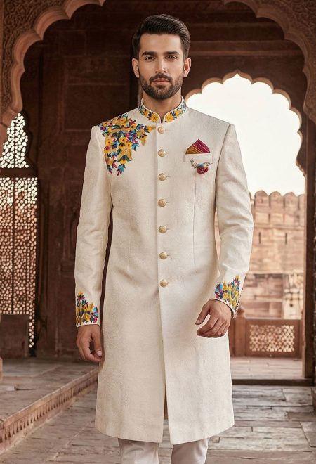 White Multicolor Embroidered Sherwani