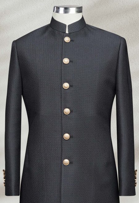 Classic Black Plain Textured Sherwani for Men Black Plain Textured Sherwani