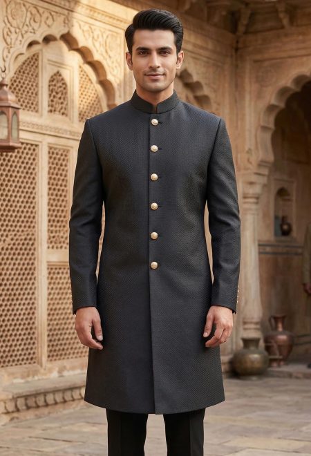 Black Plain Textured Sherwani