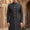 Classic Black Plain Textured Sherwani Grey Embroidered Sherwani