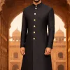 Black Plain Textured Sherwani