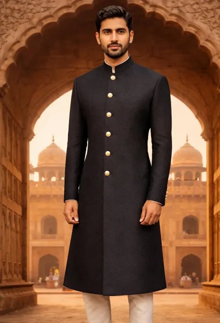 Black Plain Textured Sherwani