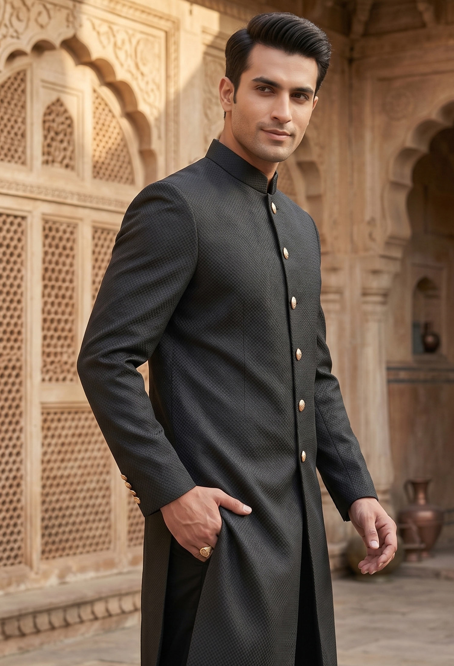 Black Plain Textured Sherwani For Men 2 Classic Black Plain Textured Sherwani Black Plain Textured Sherwani