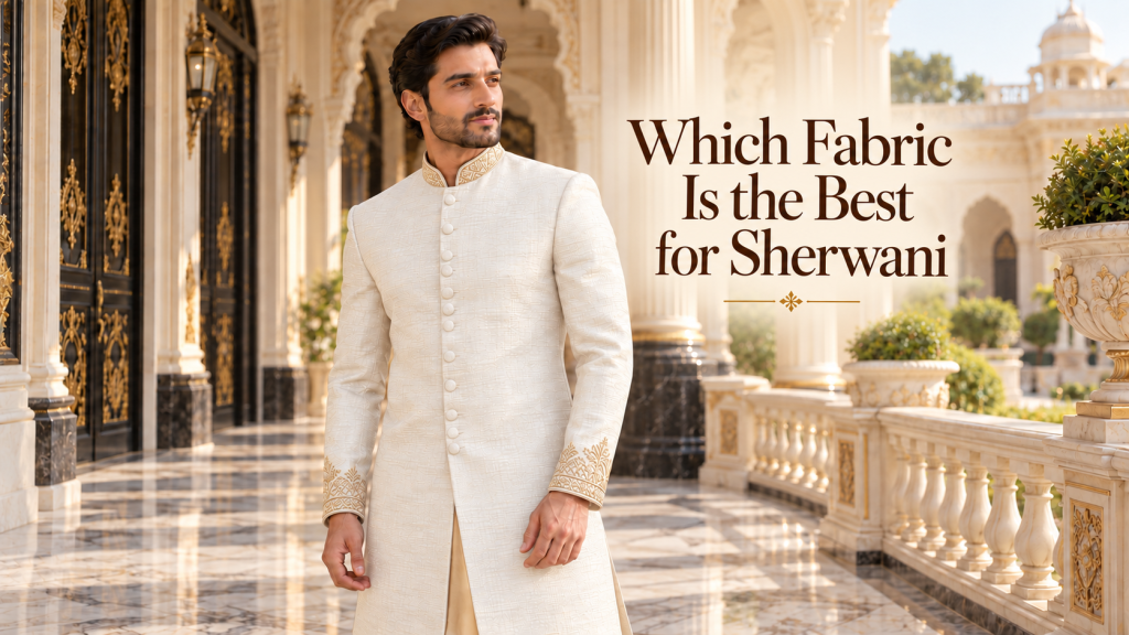 Man wearing a white sherwani with light golden embroidery