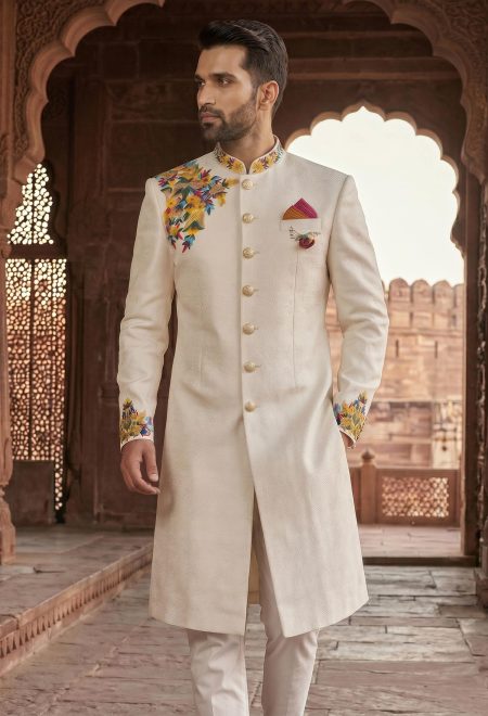 Traditional White Multicolor Embroidered Sherwani