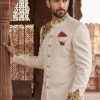 Traditional White Multicolor Embroidered Sherwani Black Plain Textured Sherwani