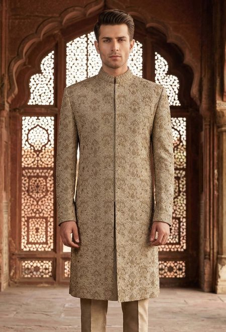 Skin Beige Embroidered Sherwani for Groom