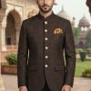 Royal Chocolate Brown Textured Prince Suit Dark Green Embroidery Prince Suit