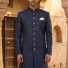 Classic Navy Blue Embroidered Wedding Sherwani Off White Textured Sherwani for Men