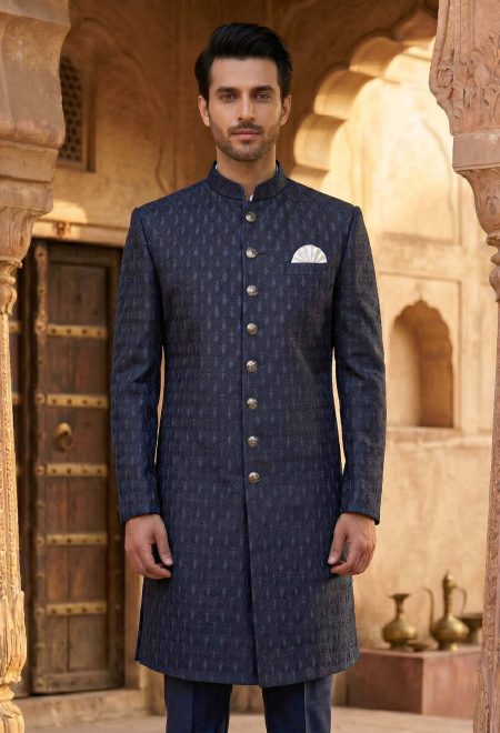 Classic Navy Blue Embroidered Wedding Sherwani
