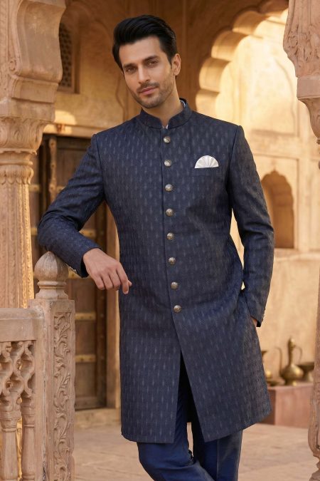 Classic Navy Blue Embroidered Wedding Sherwani