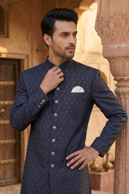 Classic Navy Blue Embroidered Sherwani Navy Blue Embroidered Sherwani