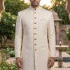 Custom Made Off White Textured Sherwani for Men Navy Blue Embroidered Sherwani