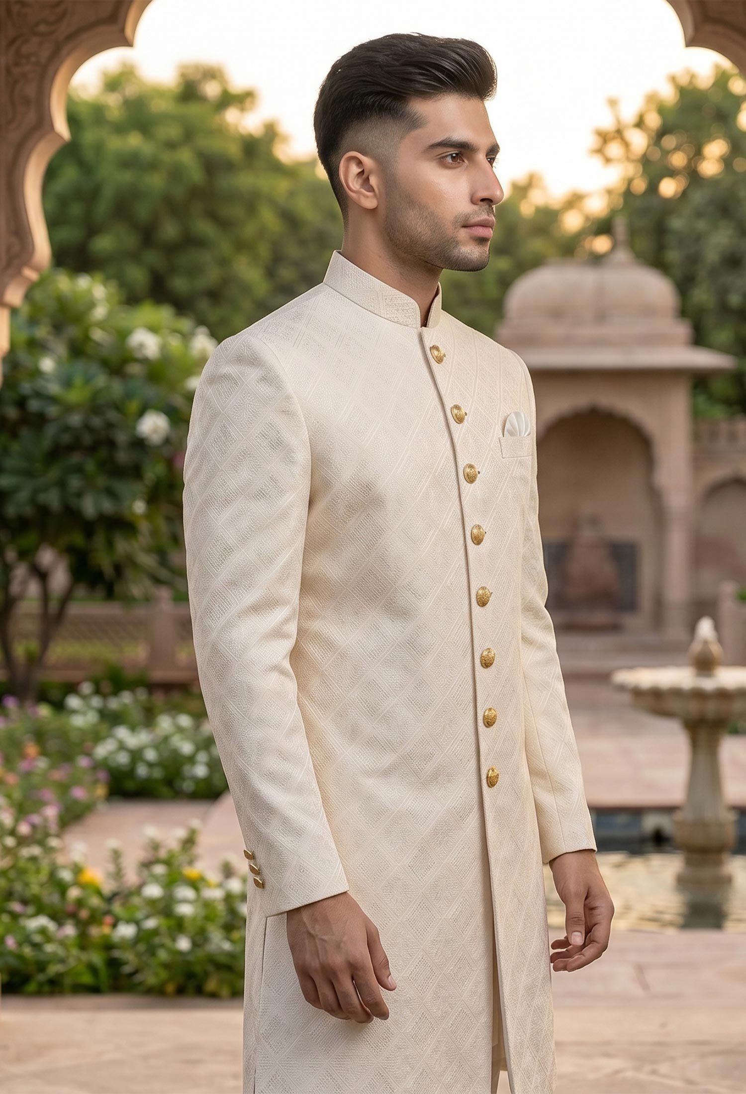 Off White Textured Sherwani For Men 2 Custom Made Off White Textured Sherwani for Men Off White Textured Sherwani for Men