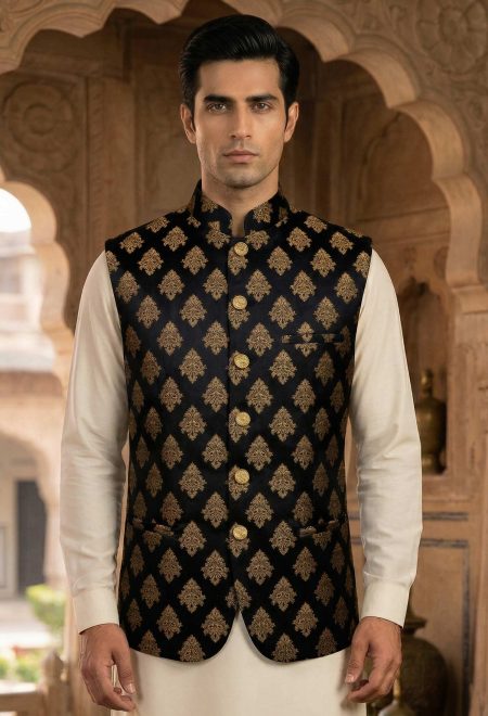 Black Golden Brocade Waistcoat