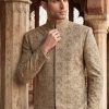Royal Skin Beige Embroidered Sherwani for Groom White Multicolor Embroidered Sherwani