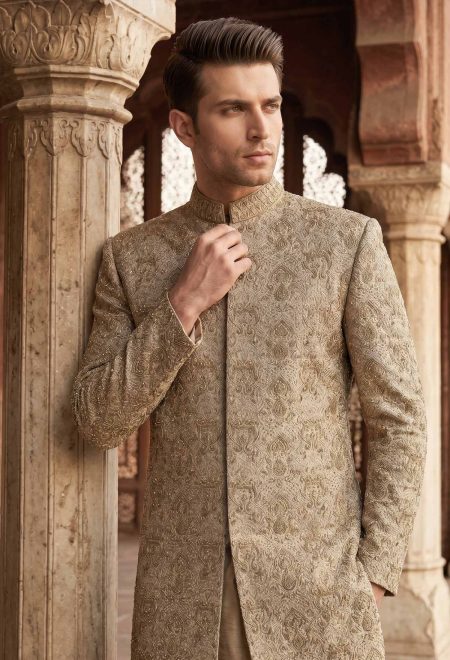 Royal Skin Beige Embroidered Sherwani for Groom