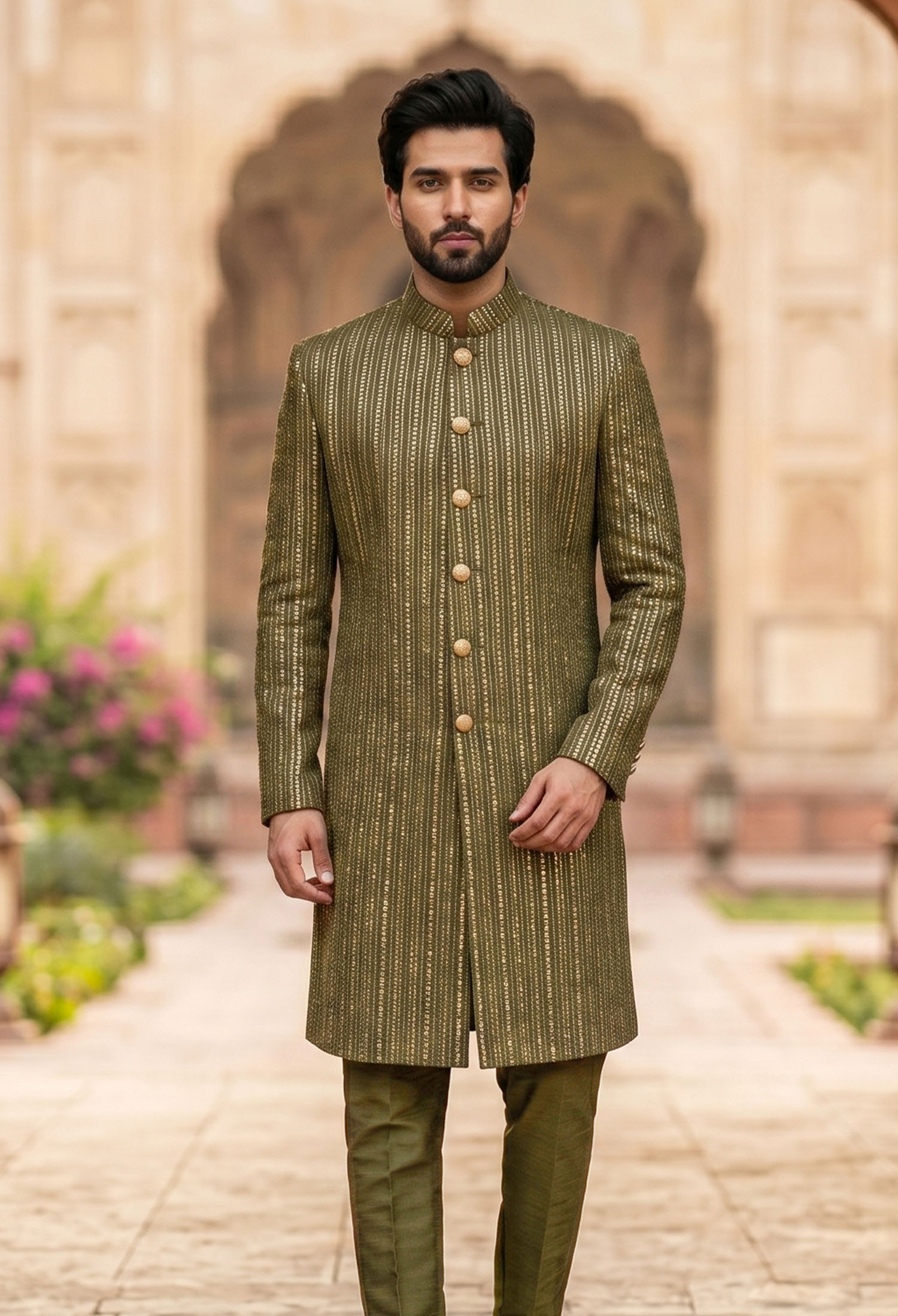 Olive Green Sequin Embroidered Sherwani Olive Green Sequin Embroidered Sherwani