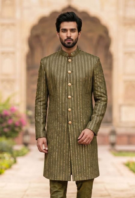 Olive Green Sequin Embroidered Wedding Sherwani