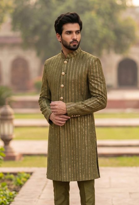 Stylish Olive Green Sequin Embroidered Wedding Sherwani