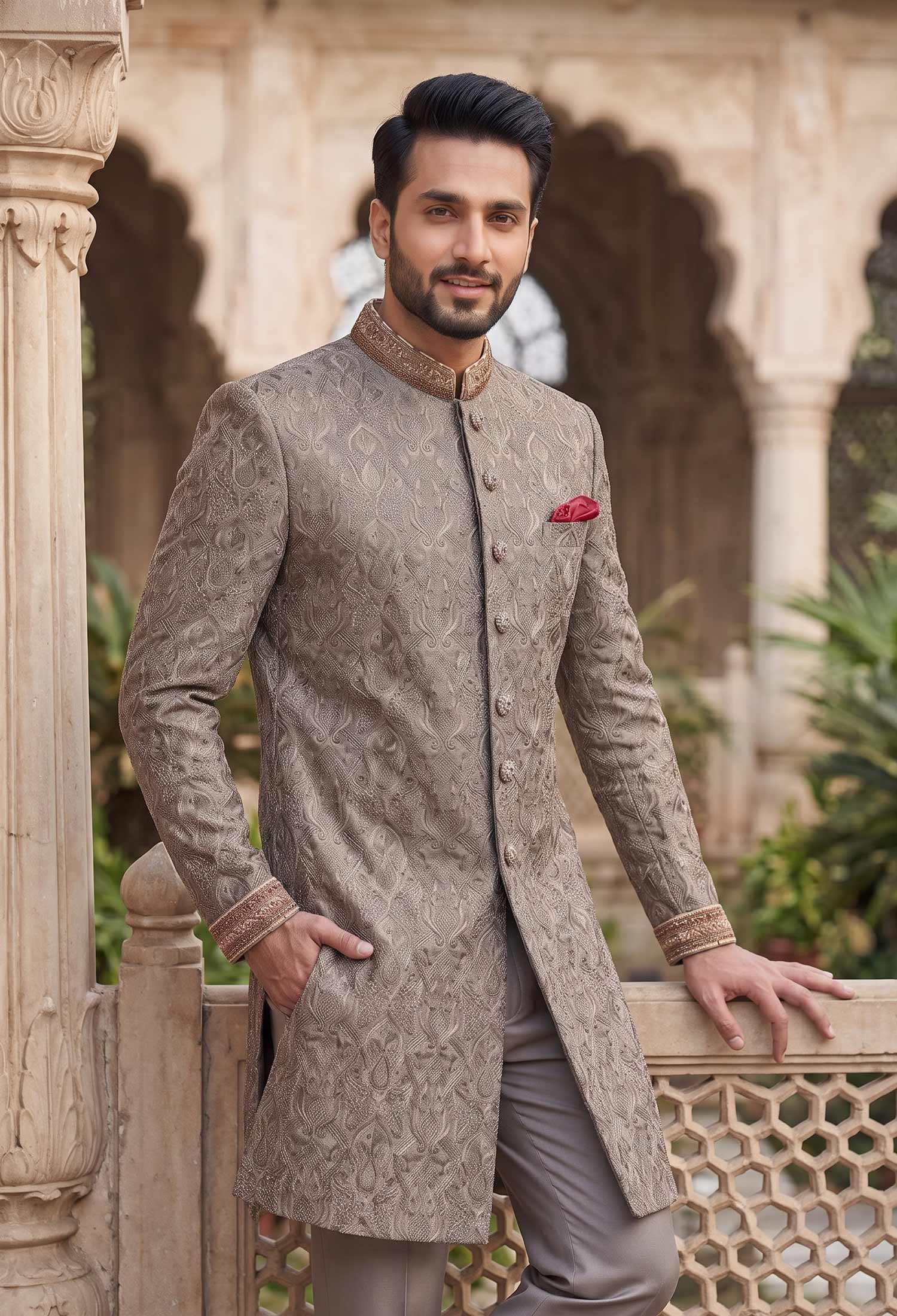 Royal Grey Embroidered Sherwani 3 Royal Grey Embroidered Sherwani Grey Embroidered Sherwani
