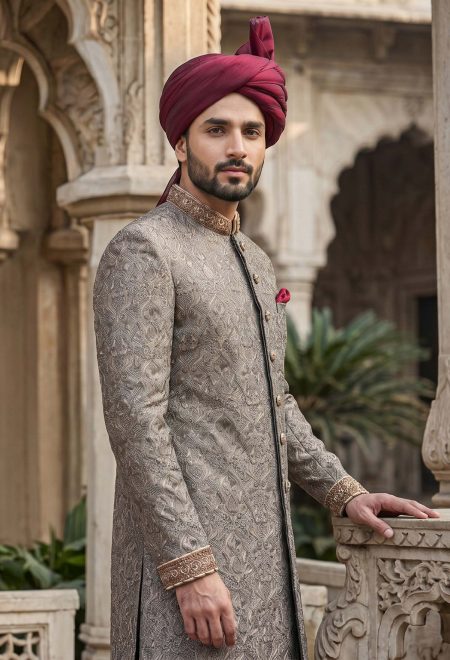 Royal Grey Embroidered Sherwani for Groom