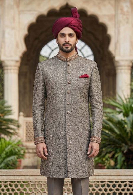 Royal Grey Embroidered Sherwani with Maroon Turban