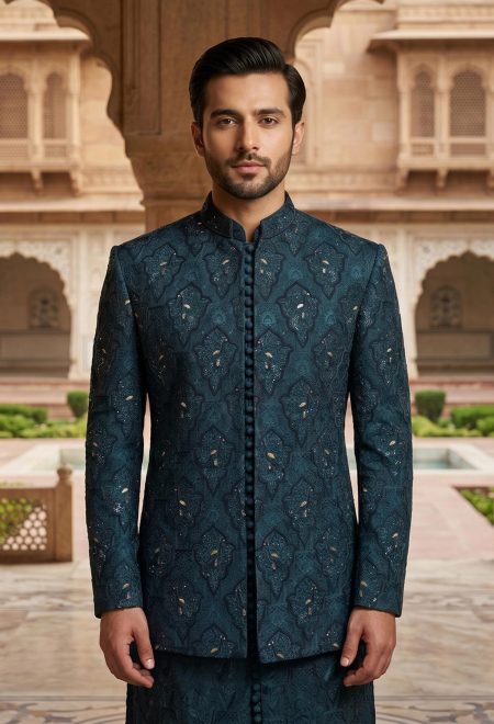 Royal Ink Blue Embroidered Prince-Coat