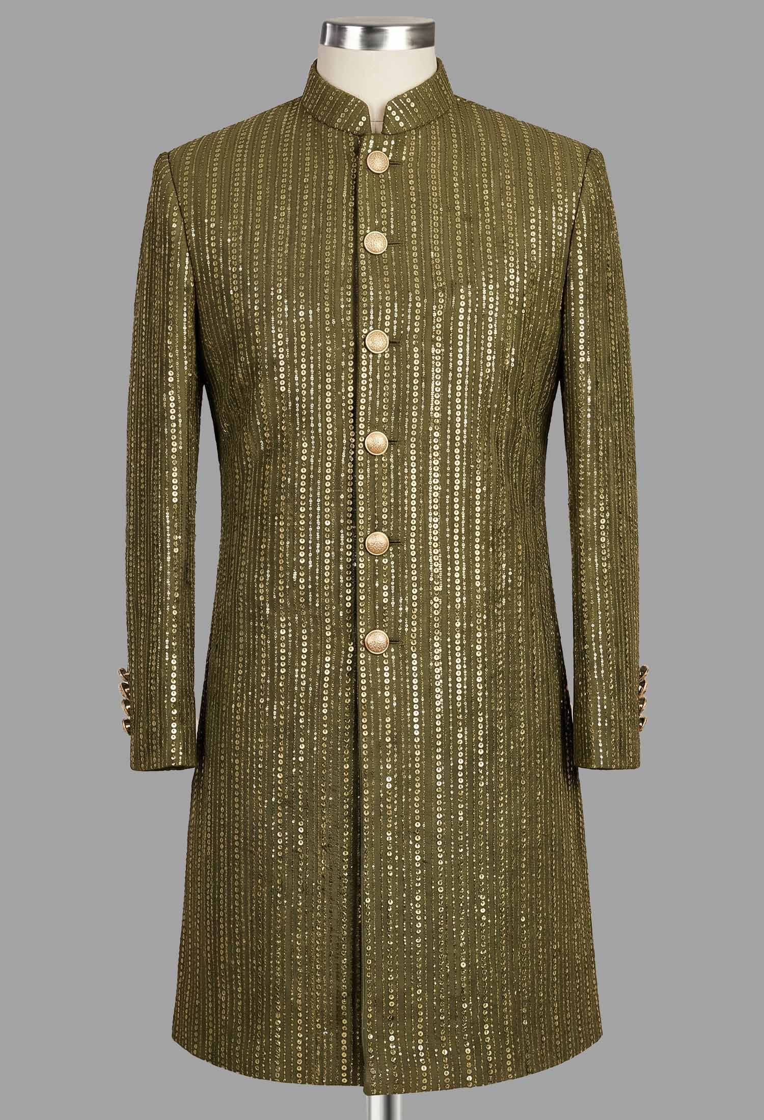 Sk-S-01 Olive Green Sequin Embroidered Sherwani Olive Green Sequin Embroidered Sherwani