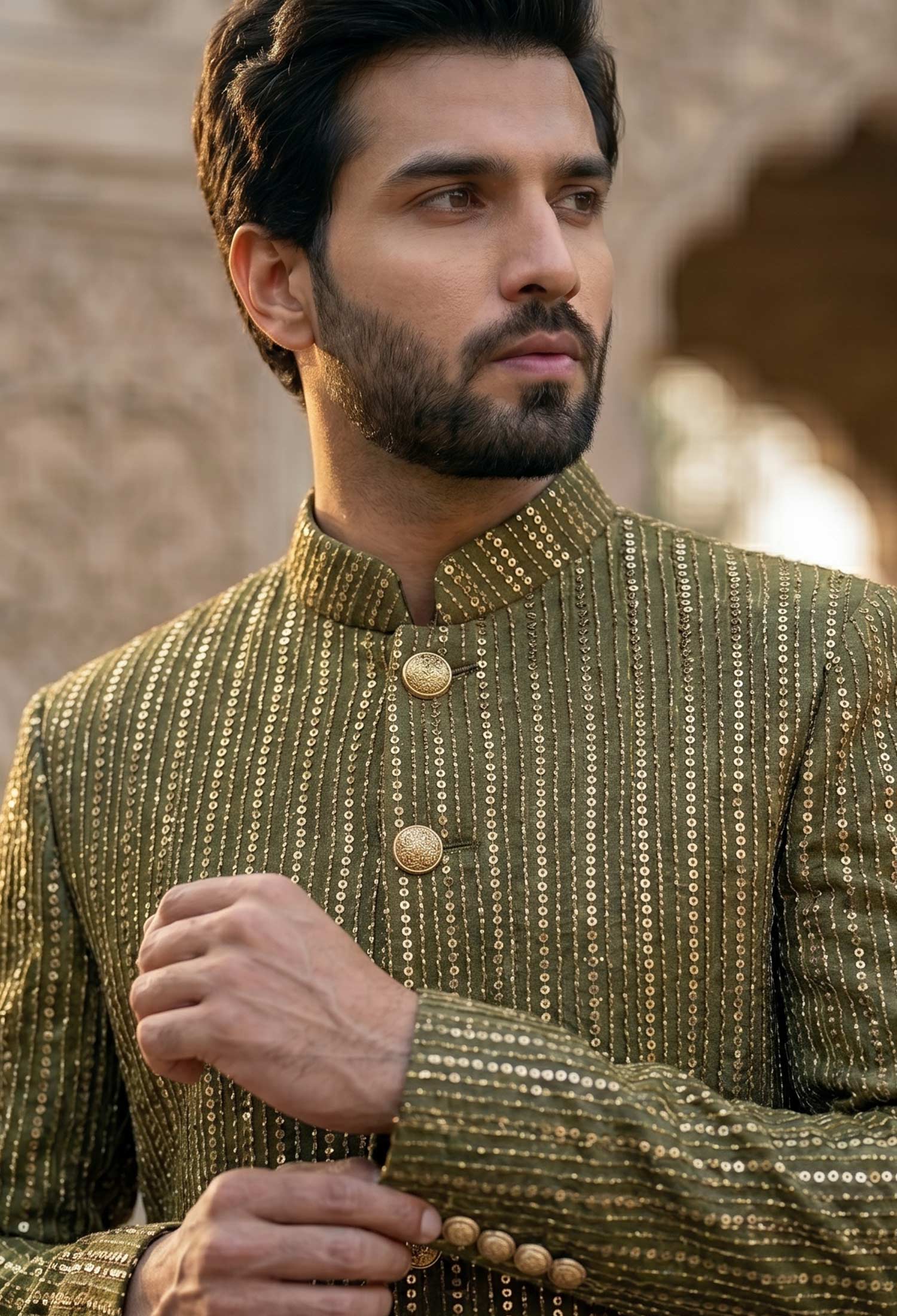 Stylish Olive Green Sequin Embroidered Wedding Sherwani 2 Olive Green Sequin Embroidered Sherwani Olive Green Sequin Embroidered Sherwani