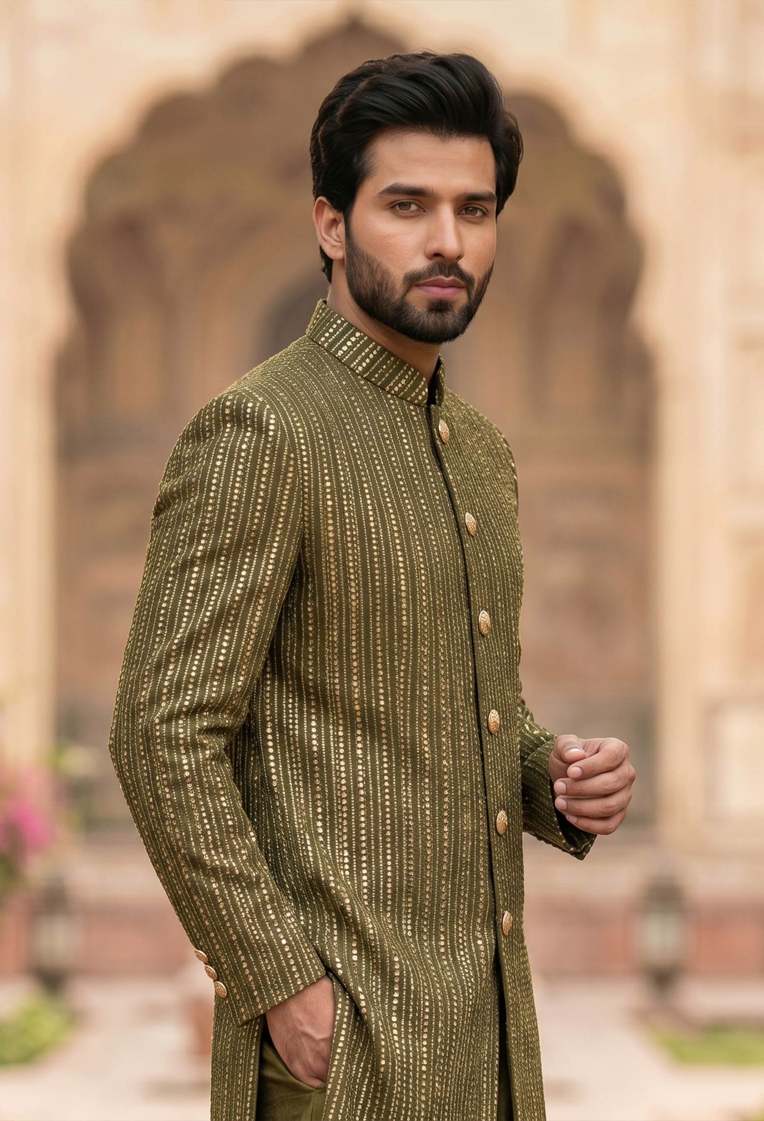 Stylish Olive Green Sequin Embroidered Wedding Sherwani 3 Olive Green Sequin Embroidered Sherwani Olive Green Sequin Embroidered Sherwani