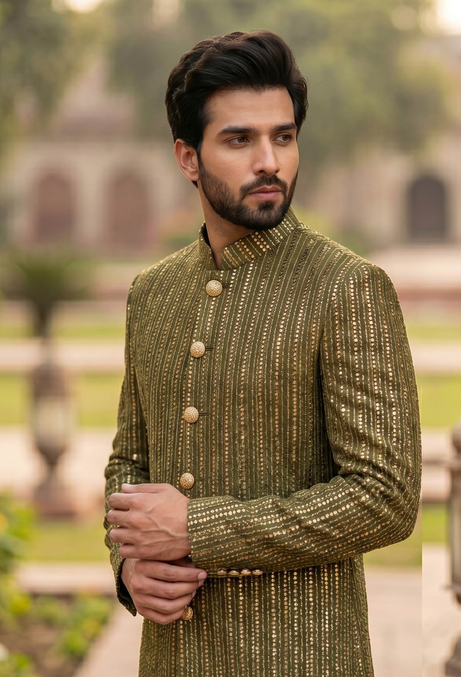 Stylish Olive Green Sequin Embroidered Wedding Sherwani Olive Green Sequin Embroidered Sherwani Olive Green Sequin Embroidered Sherwani