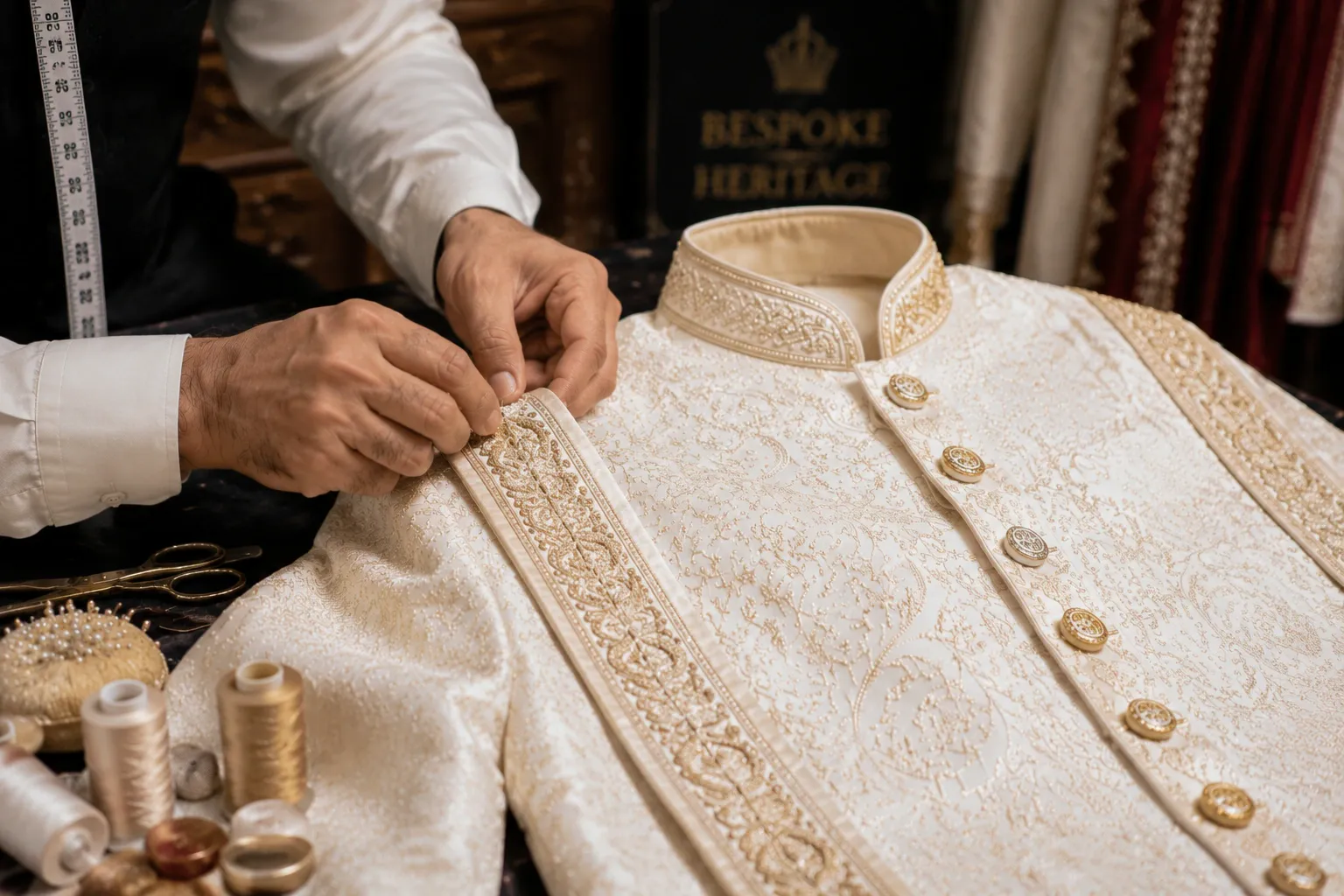 White Sherwani With Red Turban: Why It’s The Most Popular Choice For Grooms White Sherwani With Red Turban Craftsmanship Behind a Luxury Sherwani