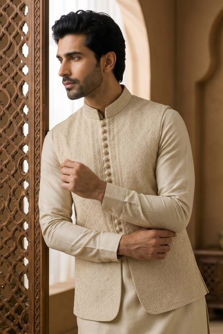 Royal Off White Embroidered Waistcoat For Men Off White Embroidered Waistcoat Ivory Embroidered Waistcoat for Men