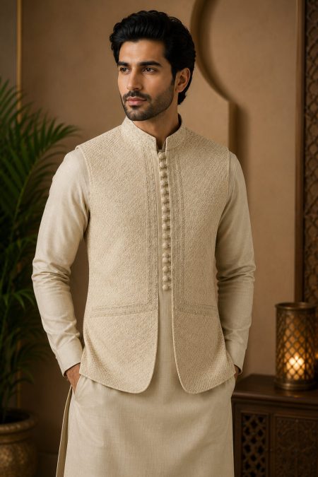 Royal Off White Embroidered Waistcoat for Men