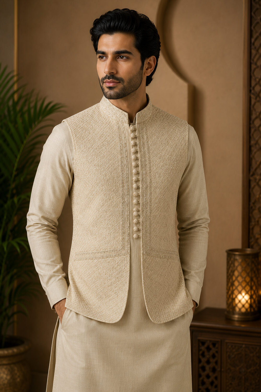 Royal Off White Embroidered Waistcoat for Men